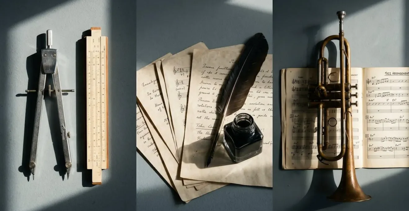 Composition triptyque abstraite montrant des instruments de précision technique à gauche, des feuilles manuscrites avec plume au centre, et une trompette dorée sur partition de jazz à droite, reliés par un éclairage dramatique sur fond gris-bleu.