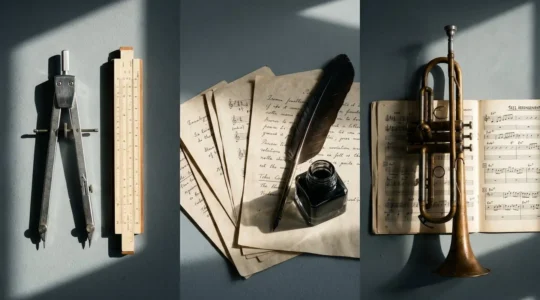 Composition triptyque abstraite montrant des instruments de précision technique à gauche, des feuilles manuscrites avec plume au centre, et une trompette dorée sur partition de jazz à droite, reliés par un éclairage dramatique sur fond gris-bleu.