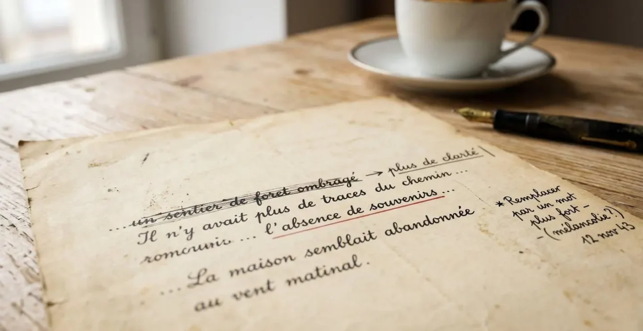 Gros plan sur une page de manuscrit vintage avec écriture cursive à l'encre noire, ratures visibles et note marginale, posée sur un bureau en bois clair avec tasse de café et stylo-plume en arrière-plan flou.