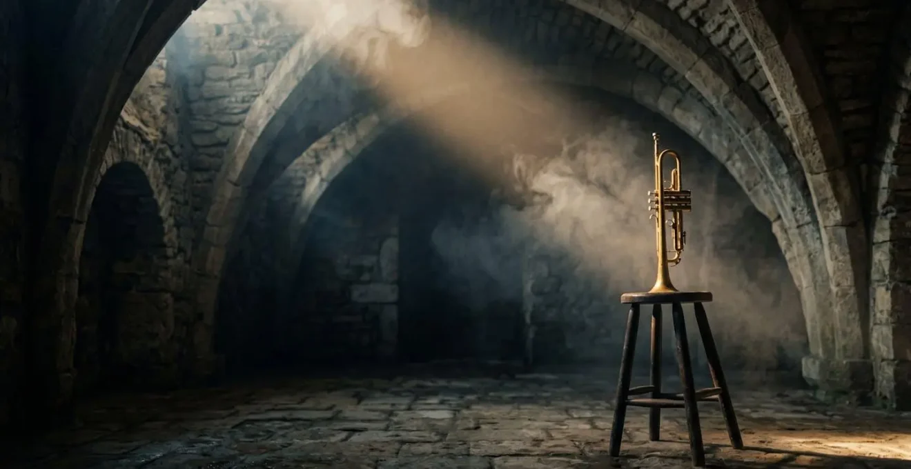 Plan large en contre-plongée d'une trompette dorée posée sur un tabouret en bois dans une cave voûtée en pierre brute, avec fumée légère traversée par un rai de lumière latéral.